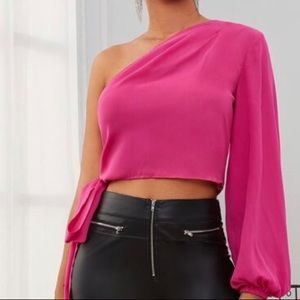 One Shoulder Lantern Sleeve Knot Side Blouse